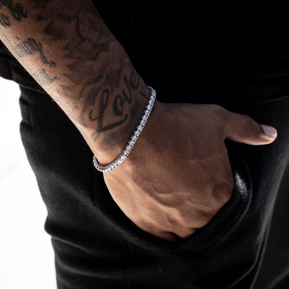 Men's White Gold Plated Silver Cz Iced 30 Pointer Tennis Chain Bracelet - Picture 1 of 4